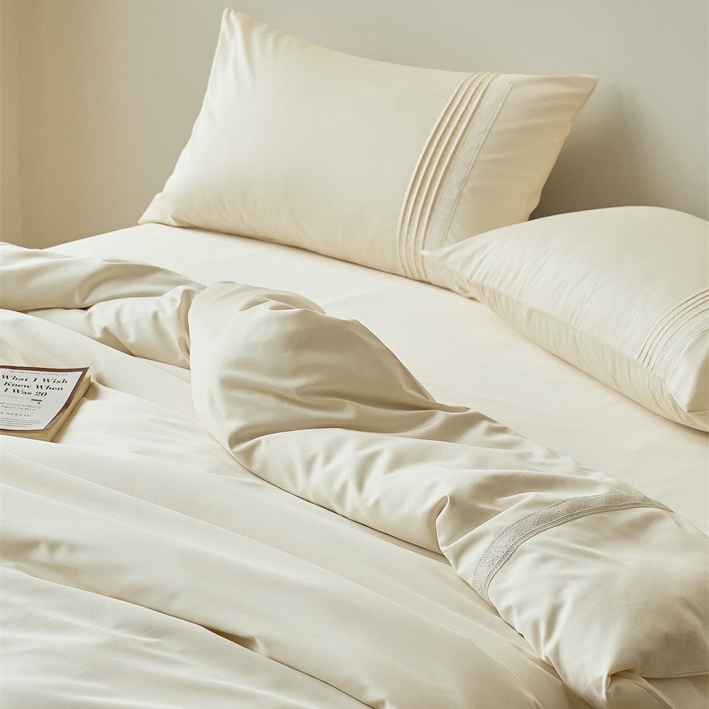 Cotton Sateen Bedding Set with Fine Lace Trim