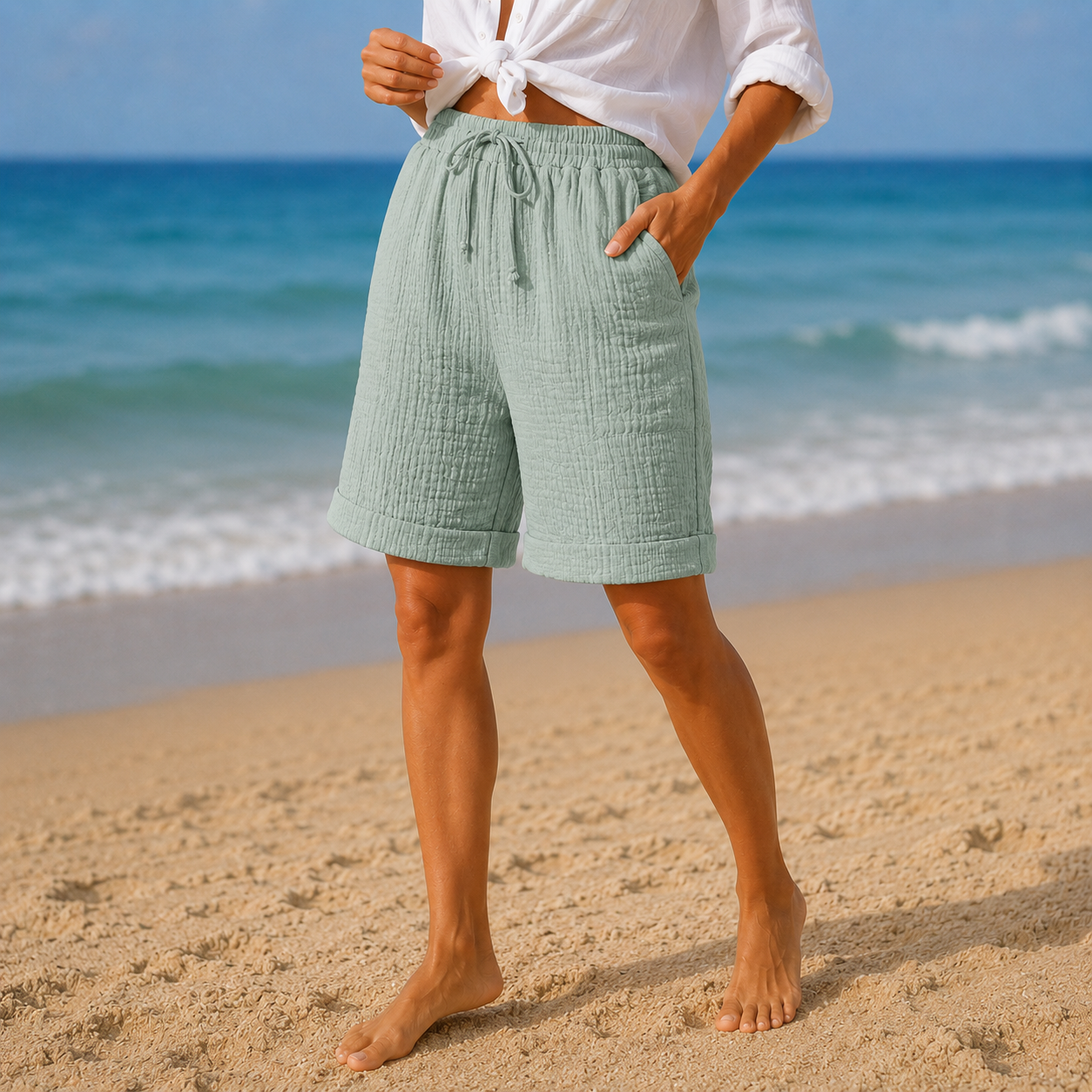 Crinkle Bermuda Shorts with Drawstring Waist and Pockets