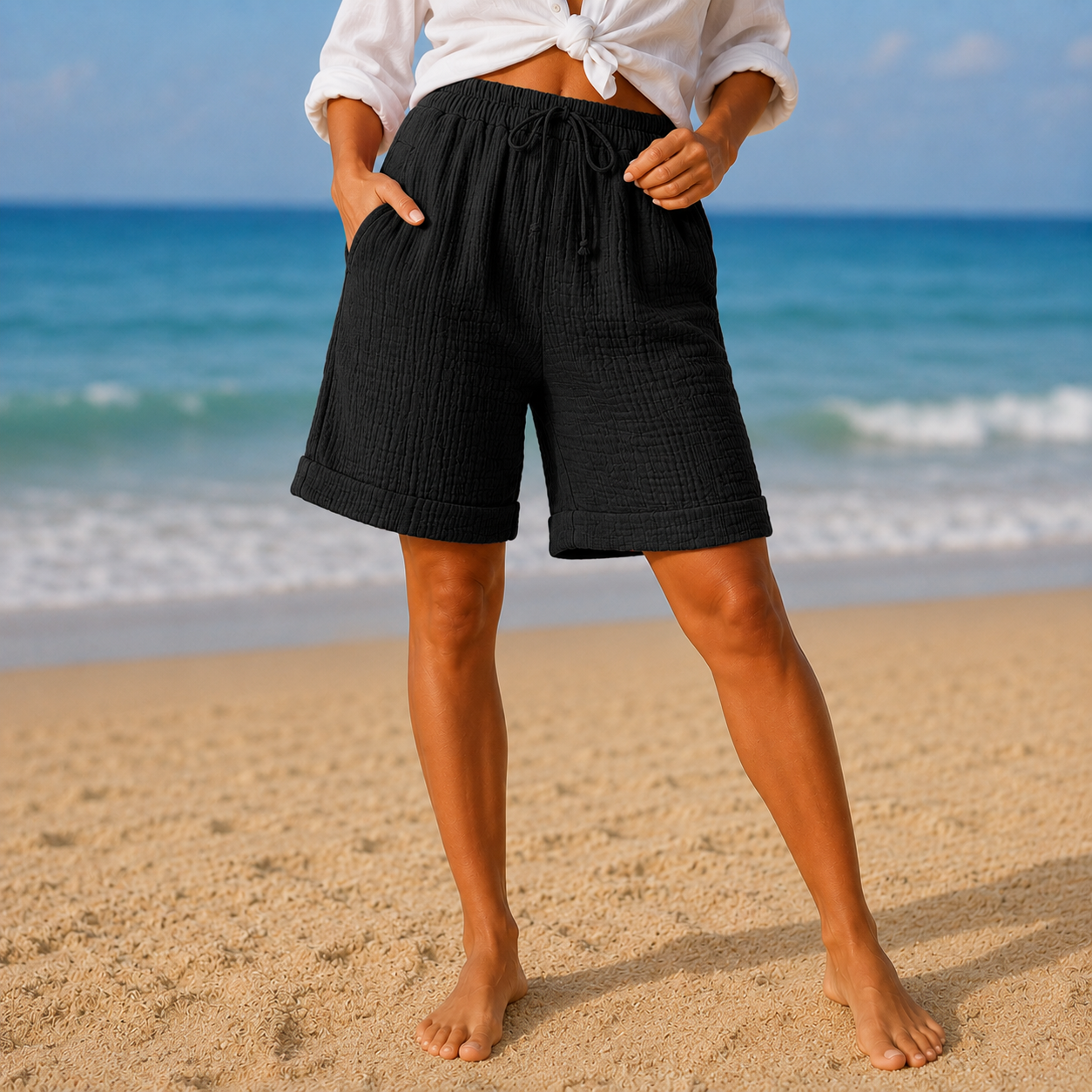 Crinkle Bermuda Shorts with Drawstring Waist and Pockets