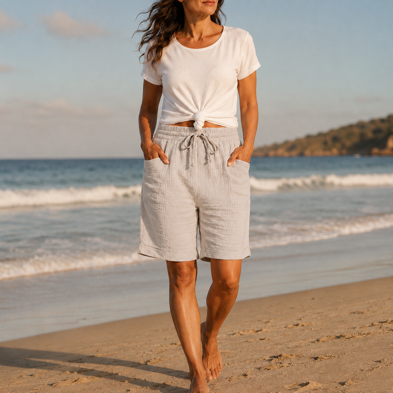 Crinkle Bermuda Shorts with Drawstring Waist and Pockets