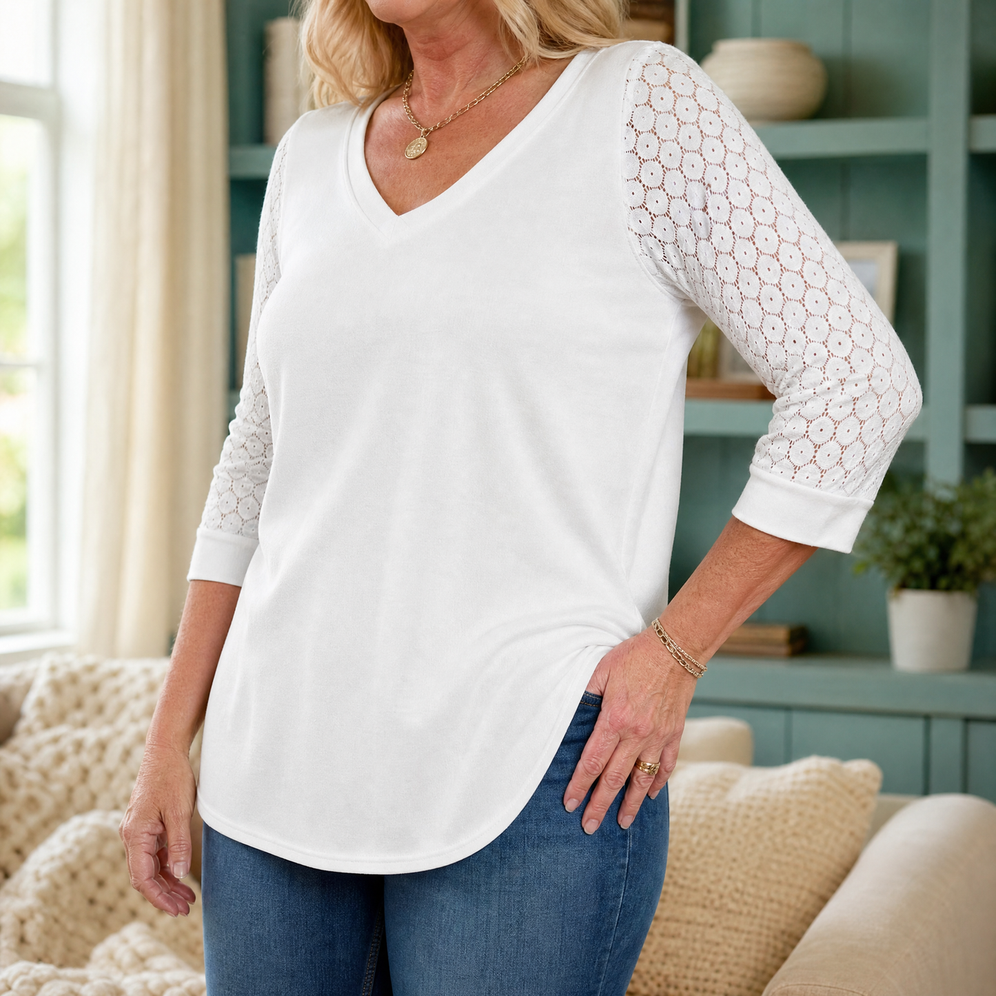 Crochet Sleeve V-Neck Top