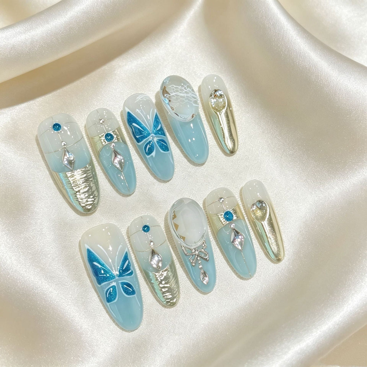 Decorative Press-On Nail Art Set with Rhinestone and Butterfly Accents