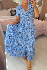 Dress with Floral Pattern and V-Neck