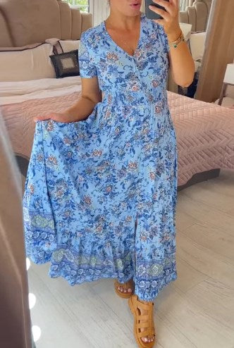 Dress with Floral Pattern and V-Neck