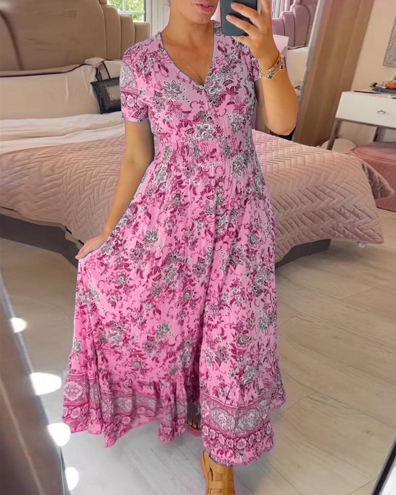 Dress with Floral Pattern and V-Neck