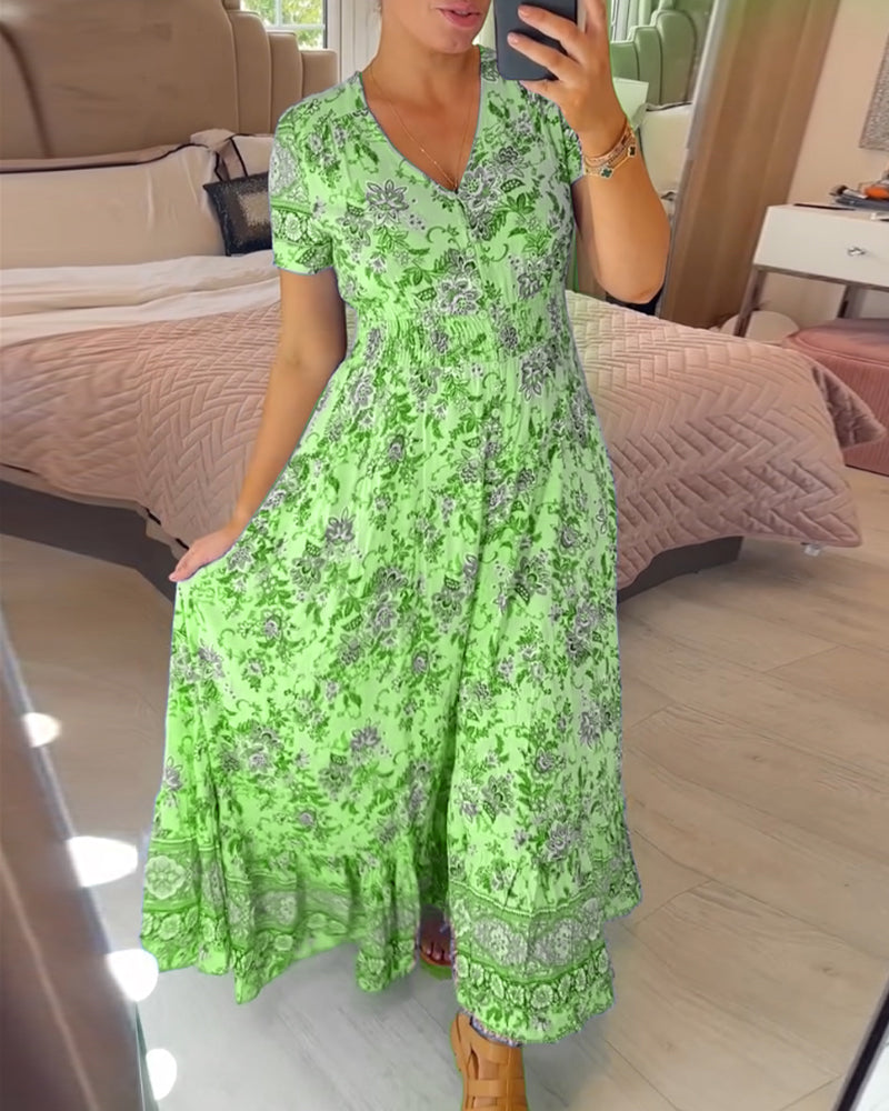 Dress with Floral Pattern and V-Neck