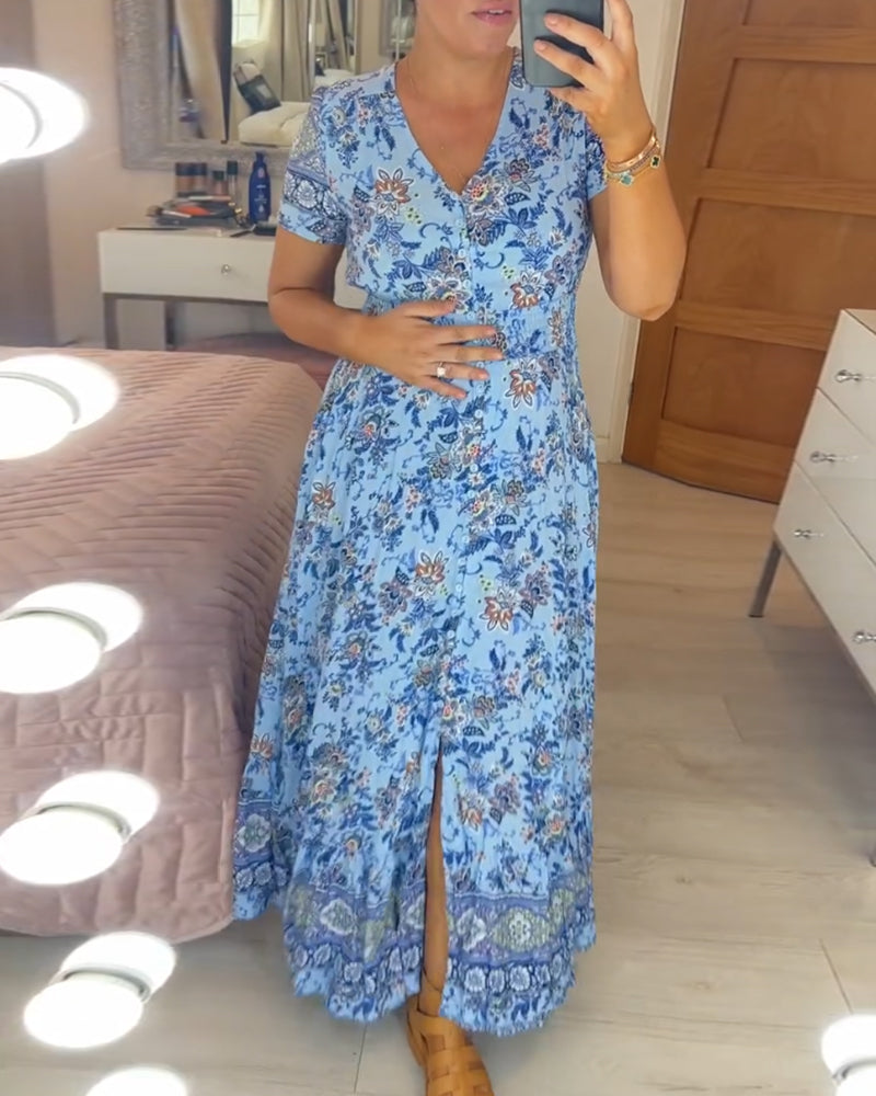 Dress with Floral Pattern and V-Neck
