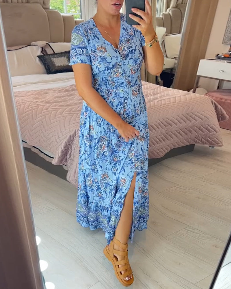 Dress with Floral Pattern and V-Neck