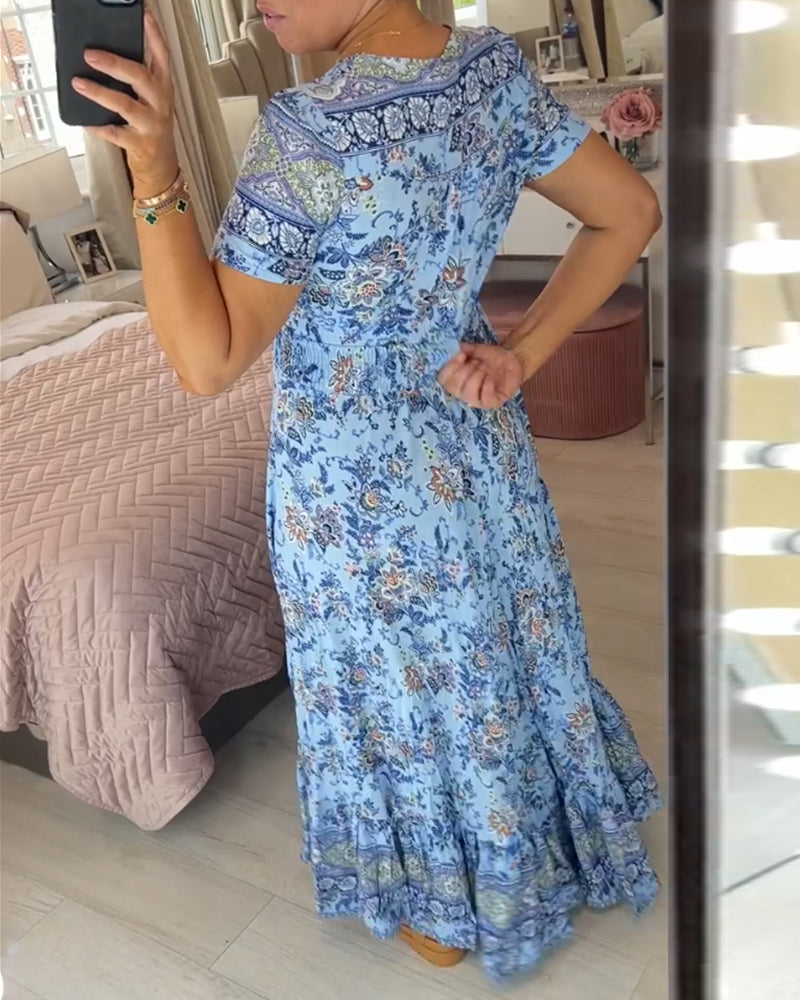 Dress with Floral Pattern and V-Neck