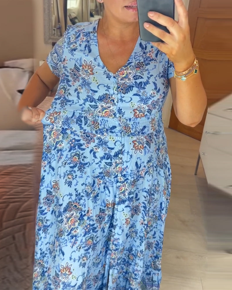 Dress with Floral Pattern and V-Neck