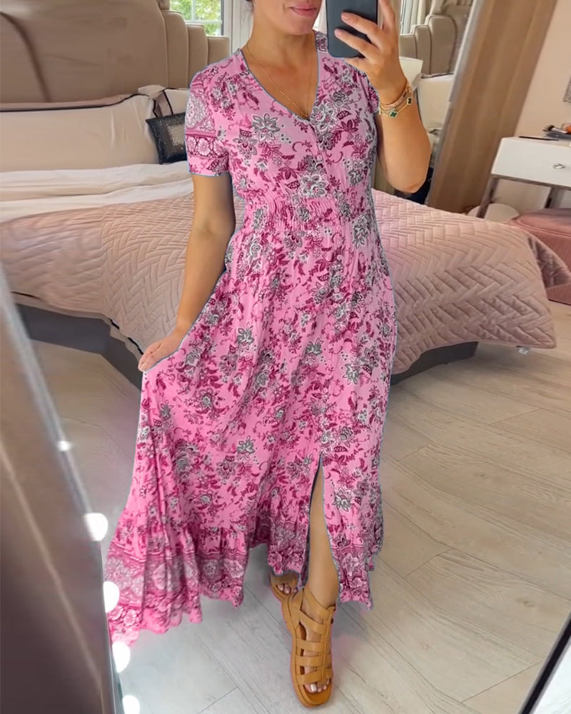 Dress with Floral Pattern and V-Neck