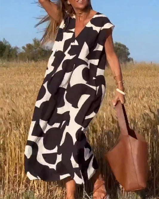 Dress with Print and V-Neck