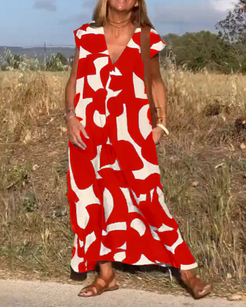 Dress with Print and V-Neck
