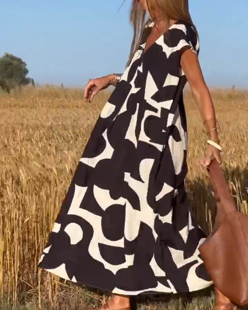Dress with Print and V-Neck
