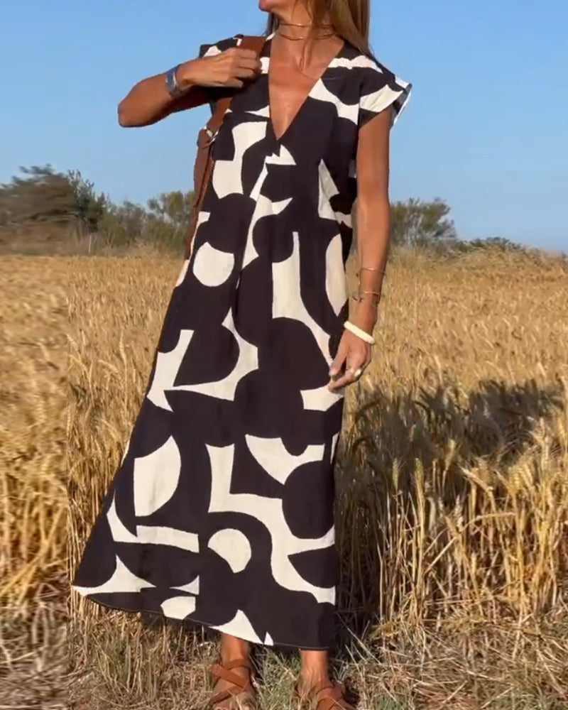 Dress with Print and V-Neck