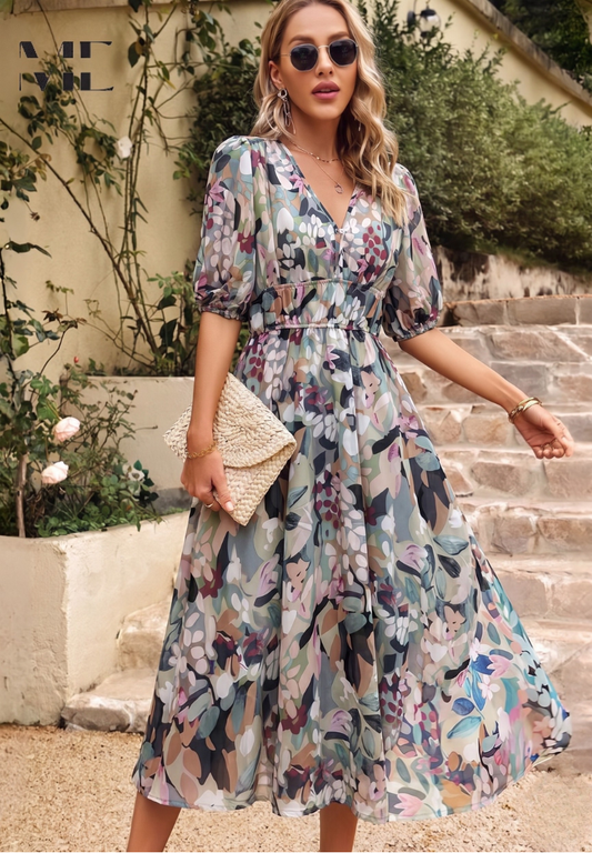 Elegant Floral Midi Dress with Puff Sleeves