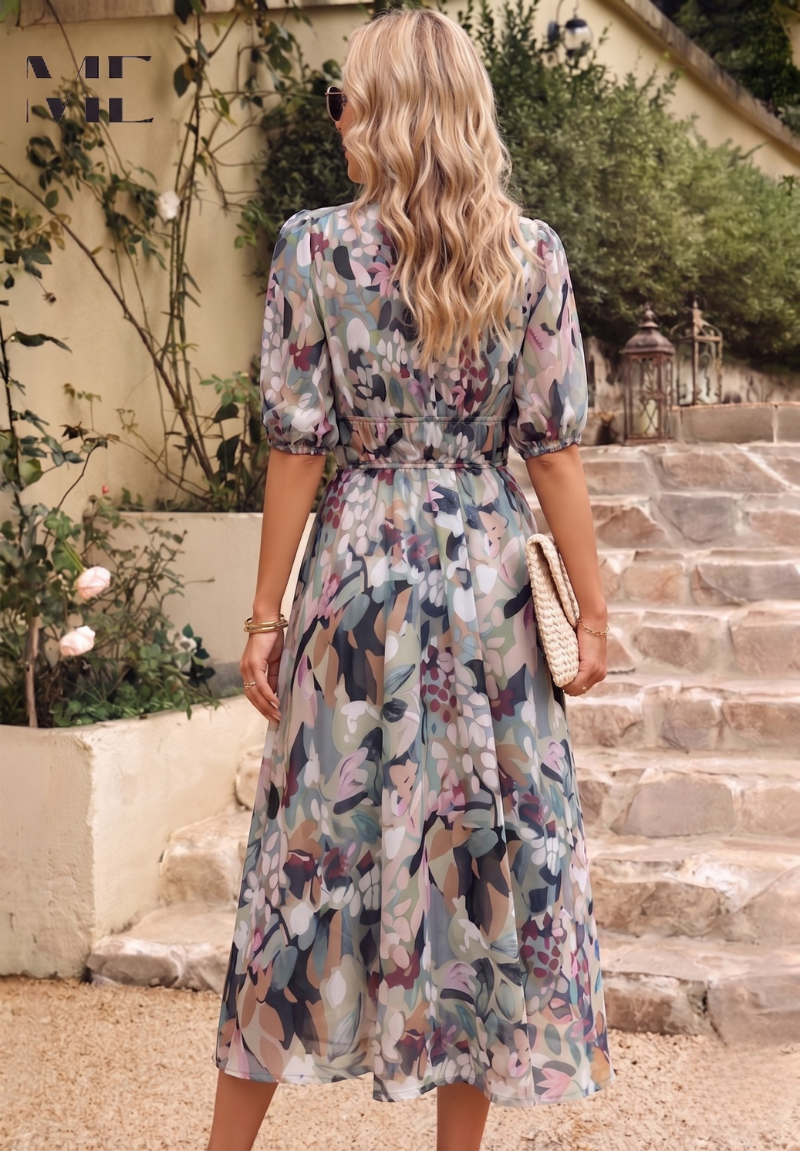 Elegant Floral Midi Dress with Puff Sleeves