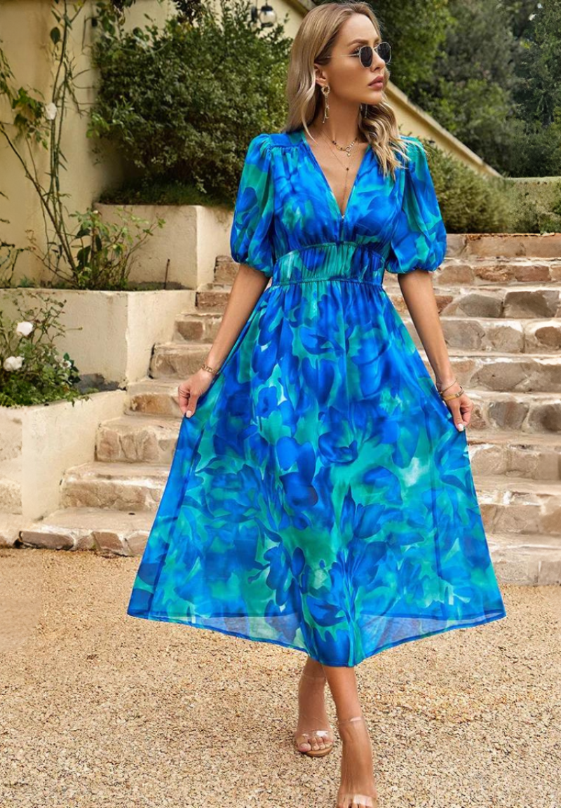 Elegant Floral Midi Dress with Puff Sleeves