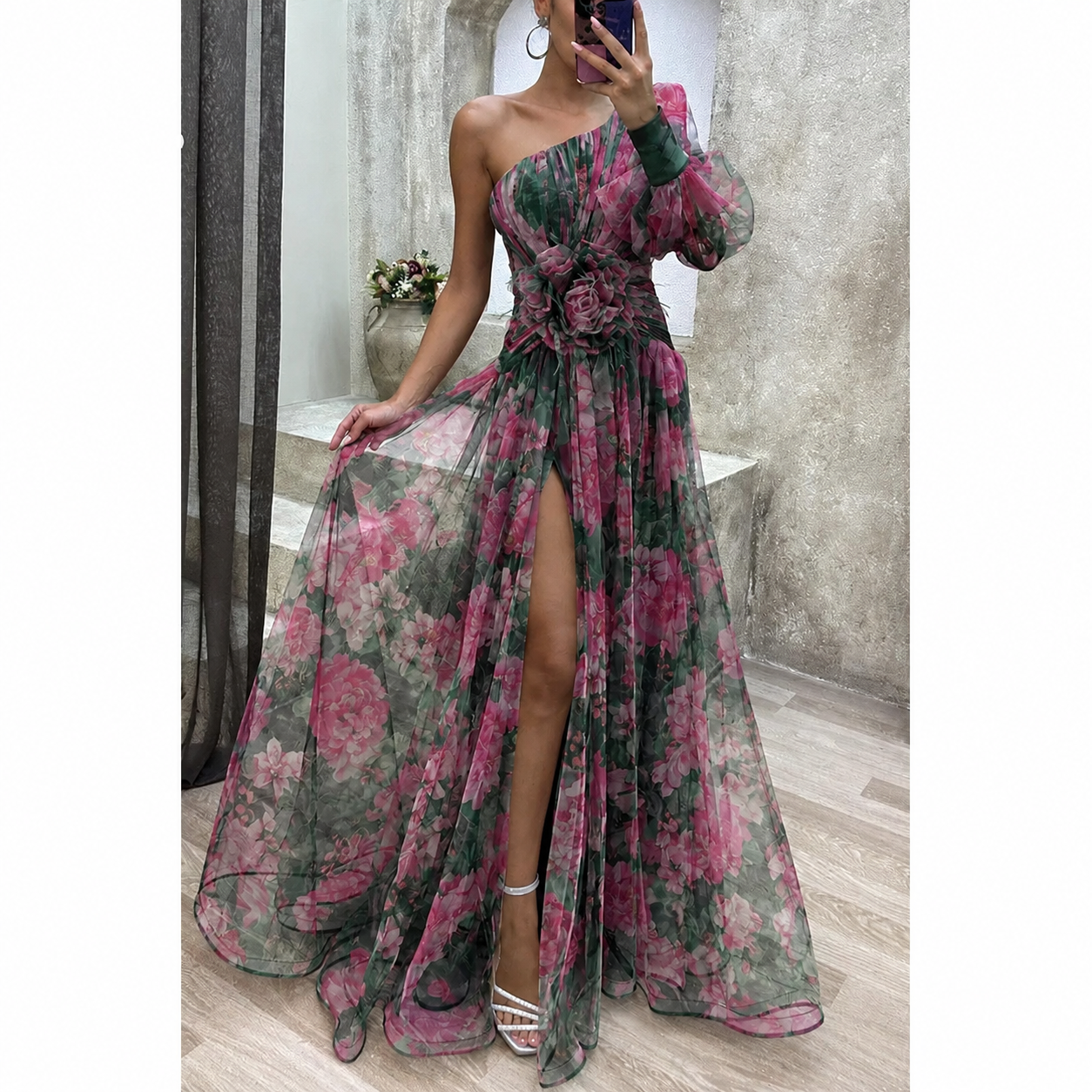 Elegant Maxi Dress in Sheer Floral Design