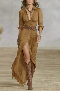 Elegant shirt dress for women with deep slit and fitted belt