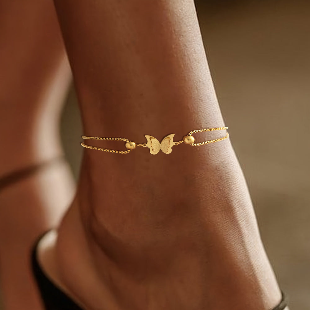 Gold ankle bracelet with butterfly pendant – stainless steel plated with 18-karat gold, perfect for everyday wear