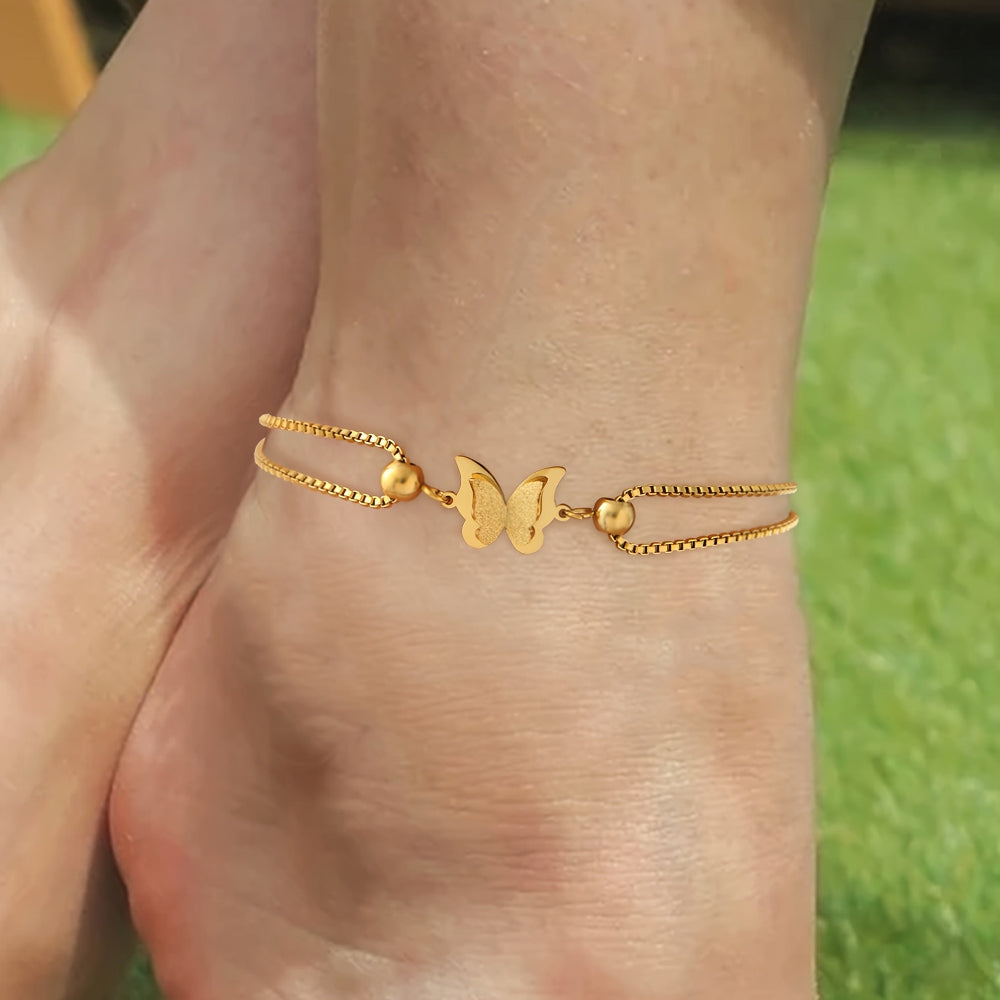 Gold ankle bracelet with butterfly pendant – stainless steel plated with 18-karat gold, perfect for everyday wear