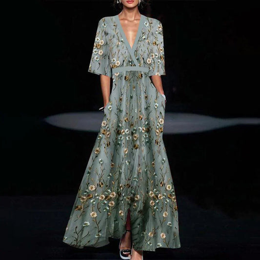 Green Maxi Dress - Elegance - Half Sleeves