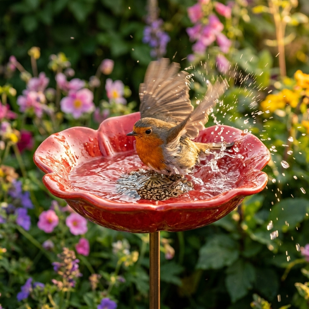 Hand-Formed Poppy Bird Bath Garden Stake