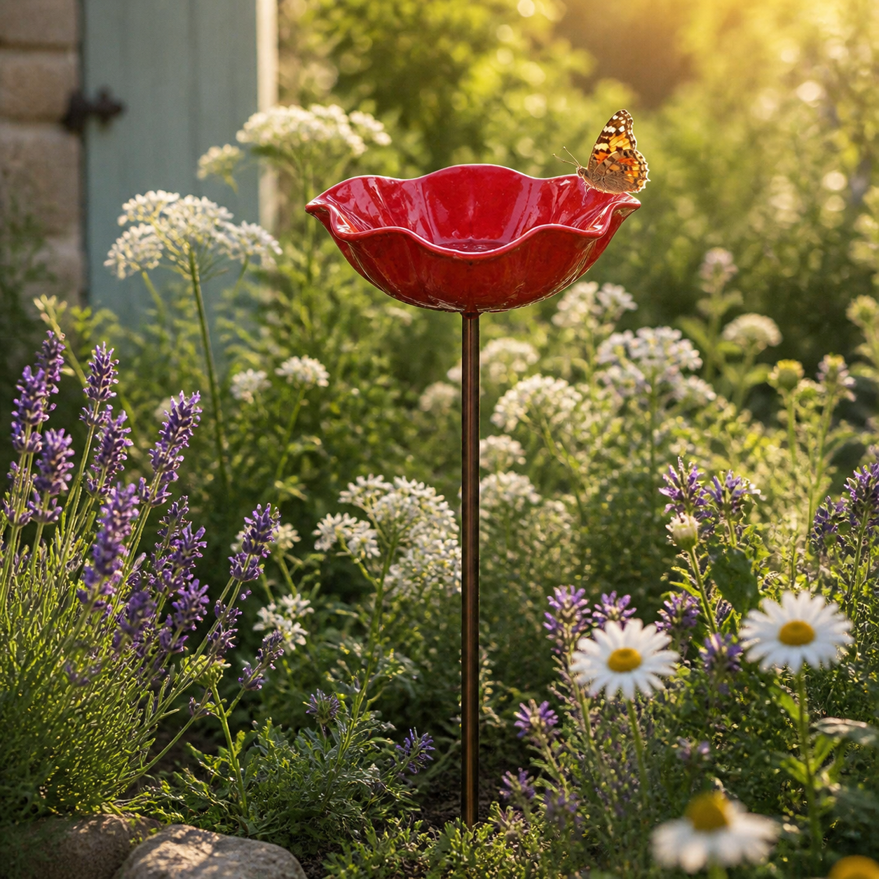 Hand-Formed Poppy Bird Bath Garden Stake