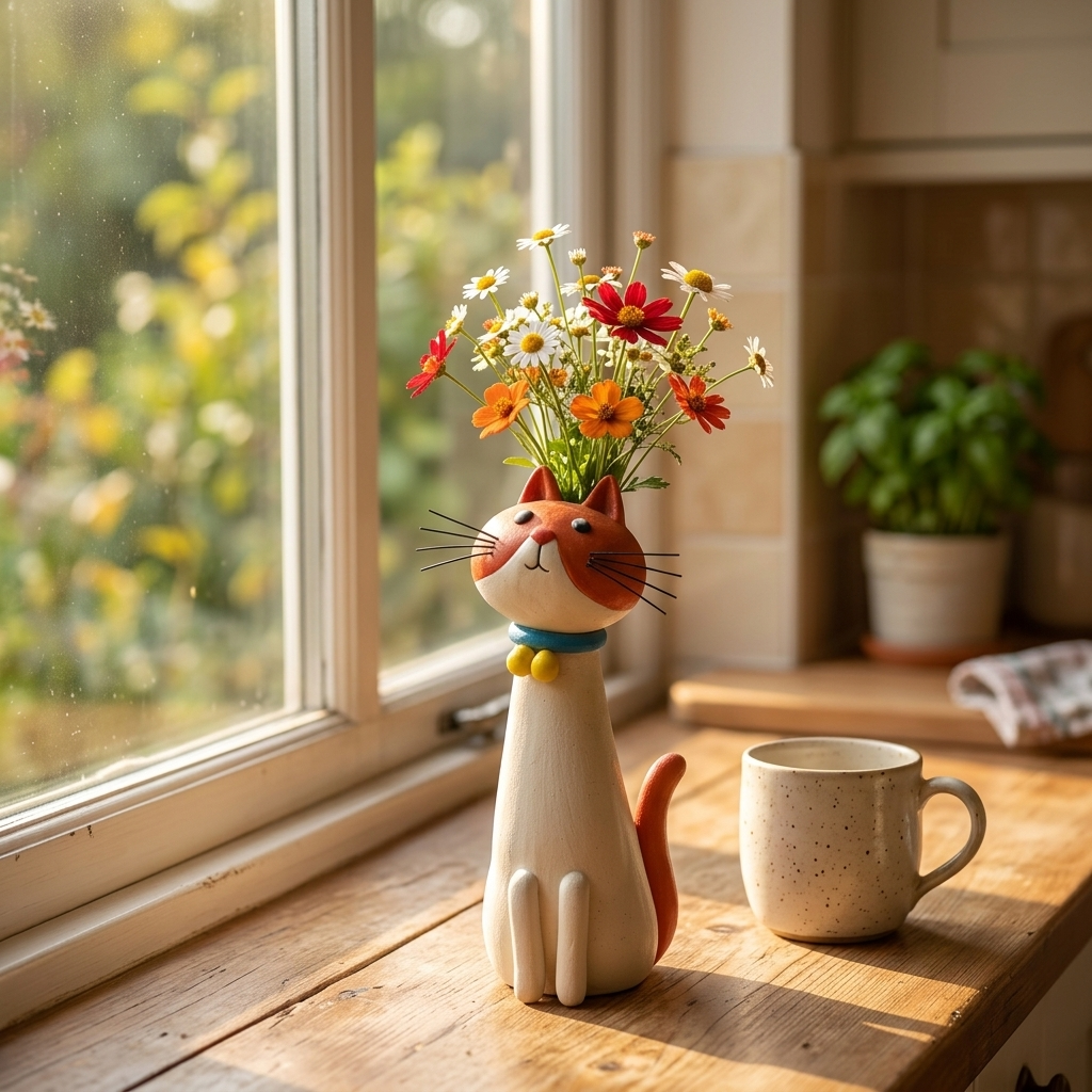 Handmade Ceramic Cat Flower Vase