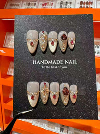 Handmade Decorative Press-On Nail Set with Gems and Stacked Accents