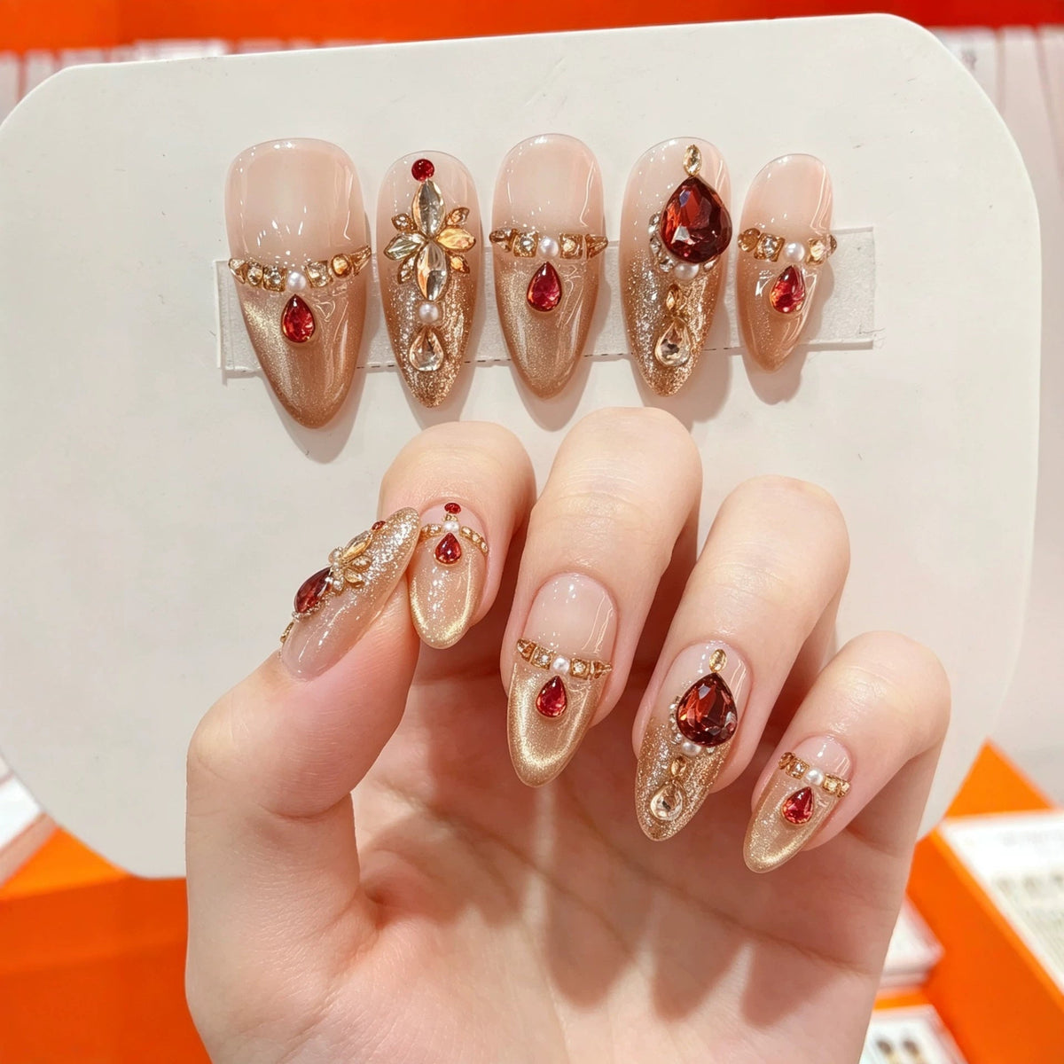 Handmade Decorative Press-On Nail Set with Gems and Stacked Accents