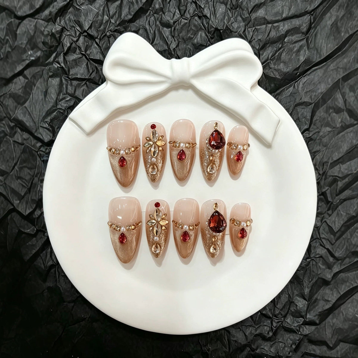 Handmade Decorative Press-On Nail Set with Gems and Stacked Accents