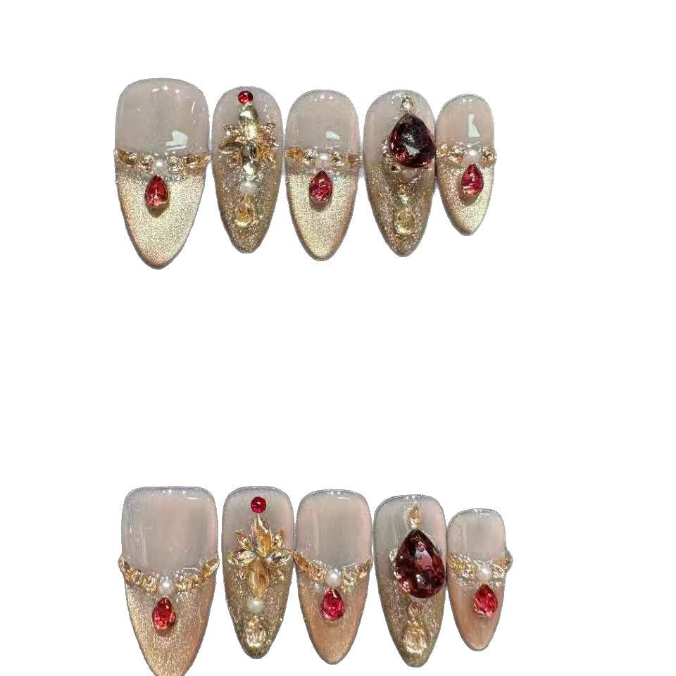 Handmade Decorative Press-On Nail Set with Gems and Stacked Accents