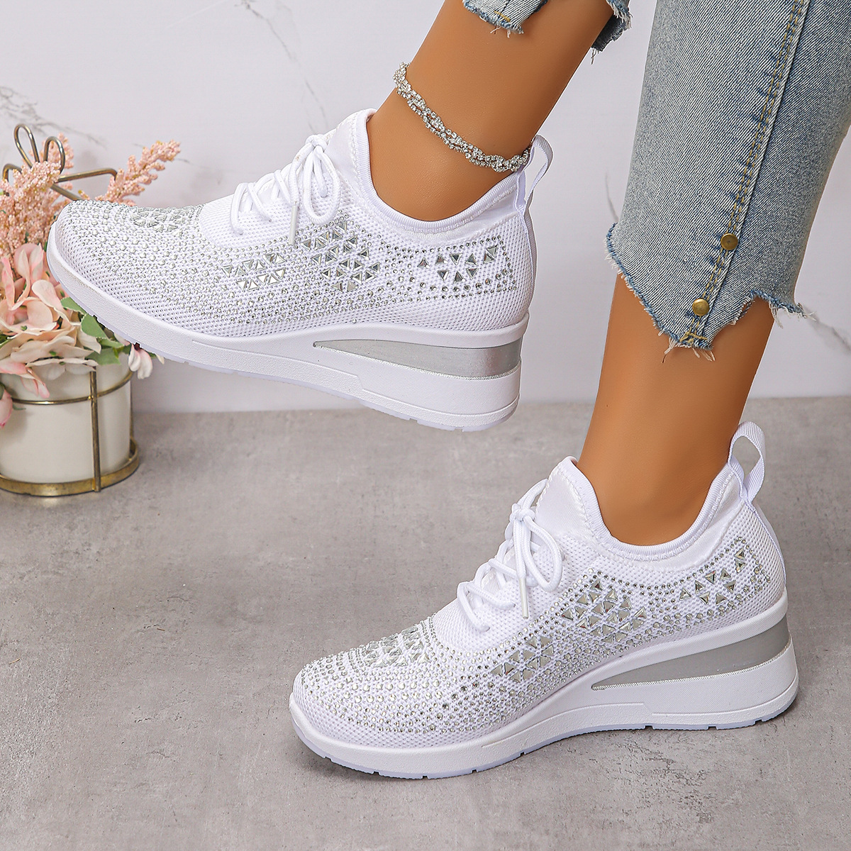 Happy™ Women Sneakers: Stylish Breathable Wedge Sneakers with Sparkling Rhinestones