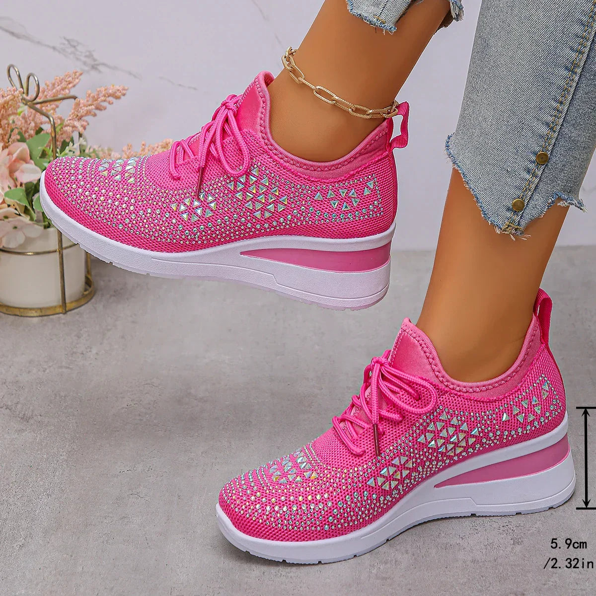 Happy™ Women Sneakers: Stylish Breathable Wedge Sneakers with Sparkling Rhinestones