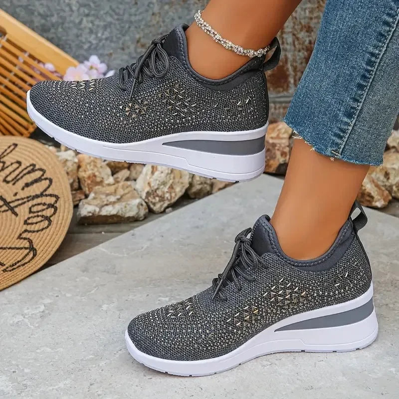 Happy™ Women Sneakers: Stylish Breathable Wedge Sneakers with Sparkling Rhinestones