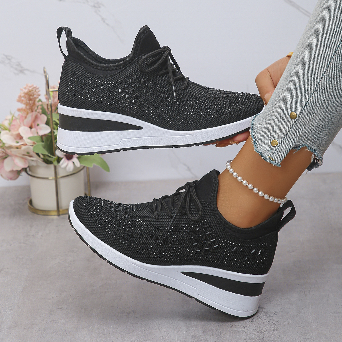 Happy™ Women Sneakers: Stylish Breathable Wedge Sneakers with Sparkling Rhinestones