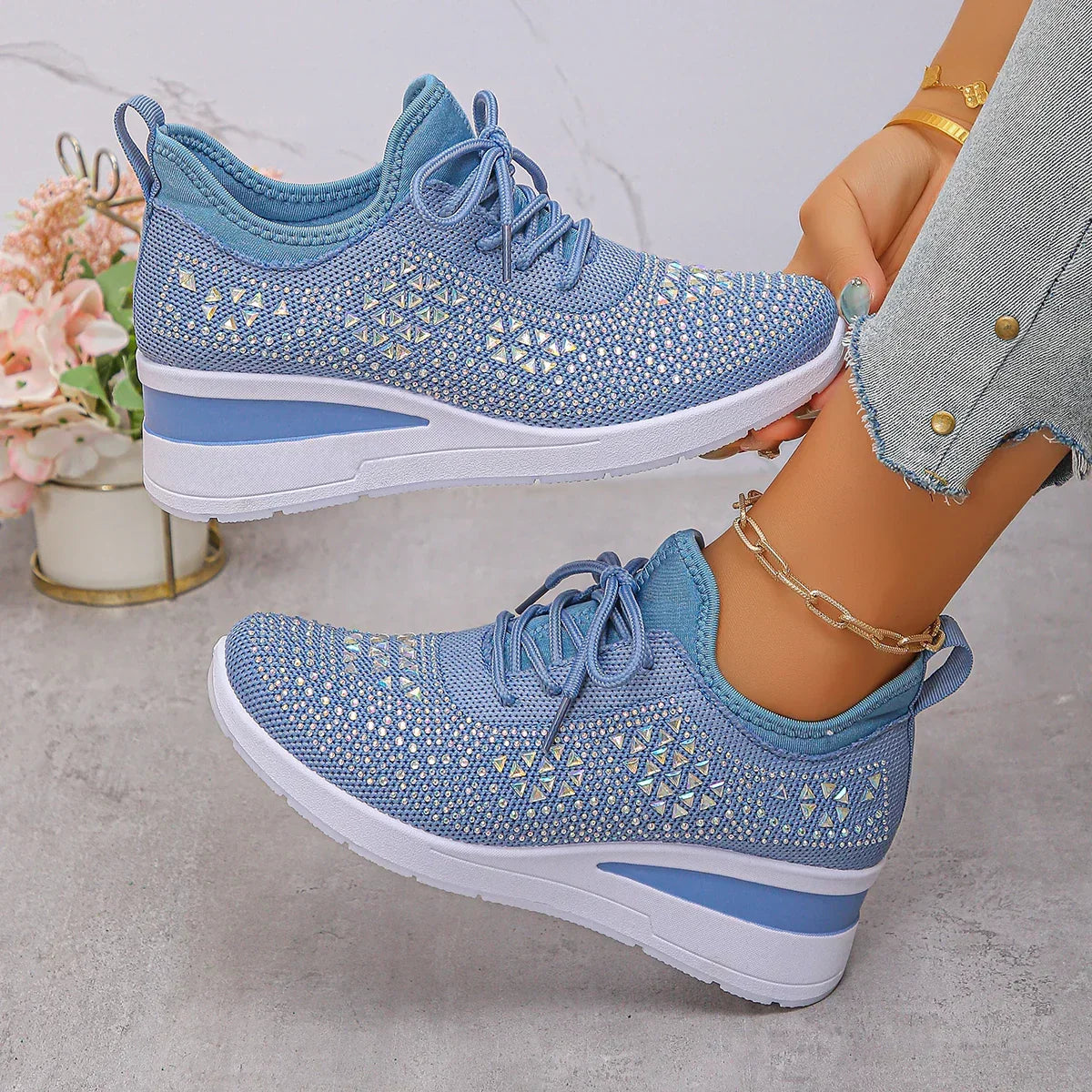 Happy™ Women Sneakers: Stylish Breathable Wedge Sneakers with Sparkling Rhinestones