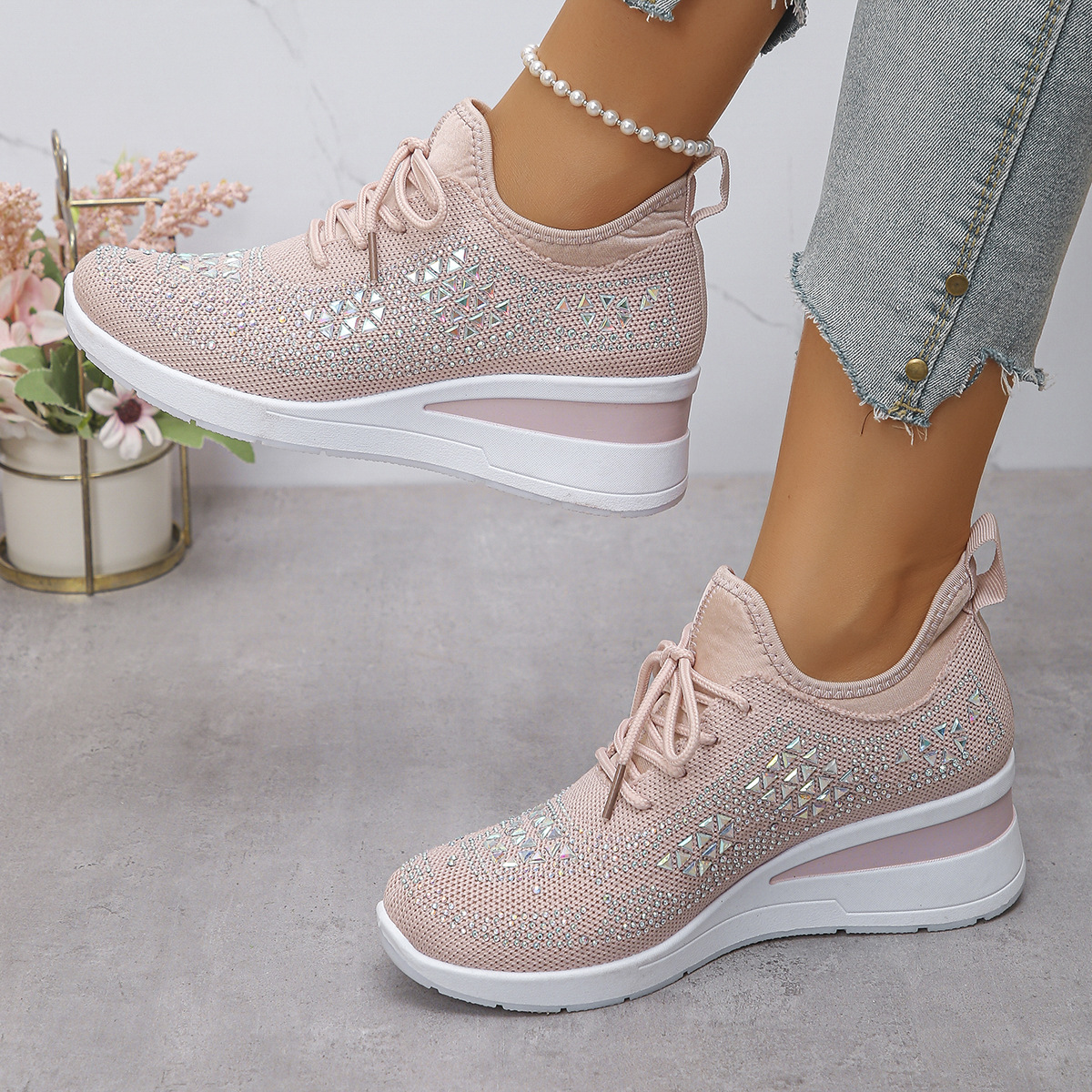 Happy™ Women Sneakers: Stylish Breathable Wedge Sneakers with Sparkling Rhinestones