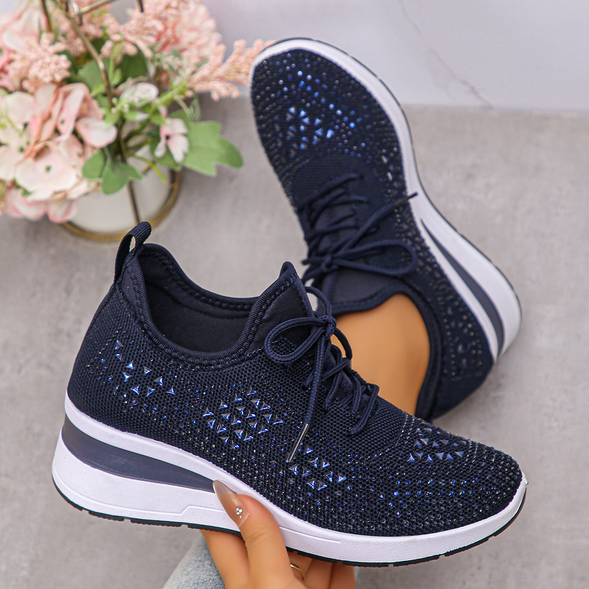 Happy™ Women Sneakers: Stylish Breathable Wedge Sneakers with Sparkling Rhinestones