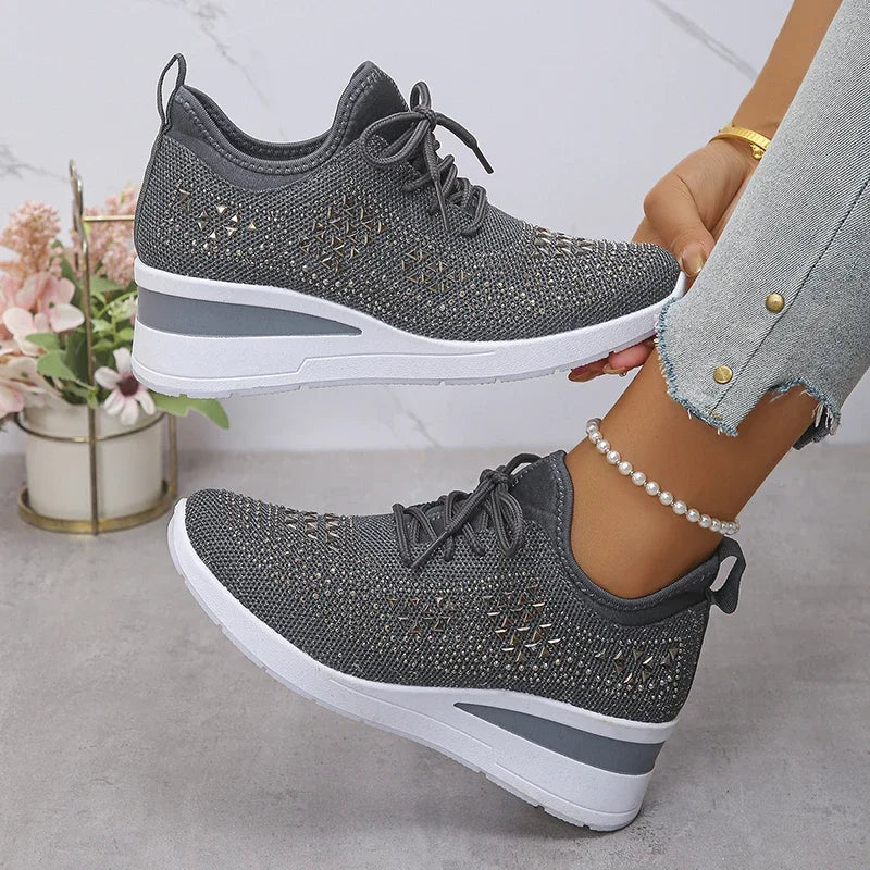 Happy™ Women Sneakers: Stylish Breathable Wedge Sneakers with Sparkling Rhinestones