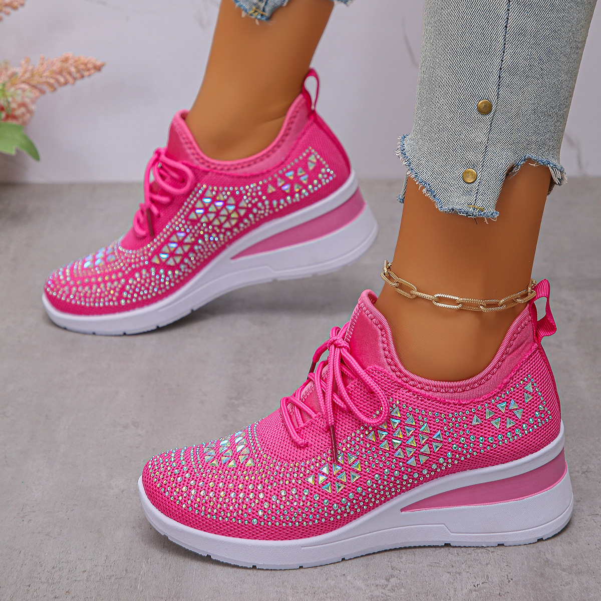 Happy™ Women Sneakers: Stylish Breathable Wedge Sneakers with Sparkling Rhinestones