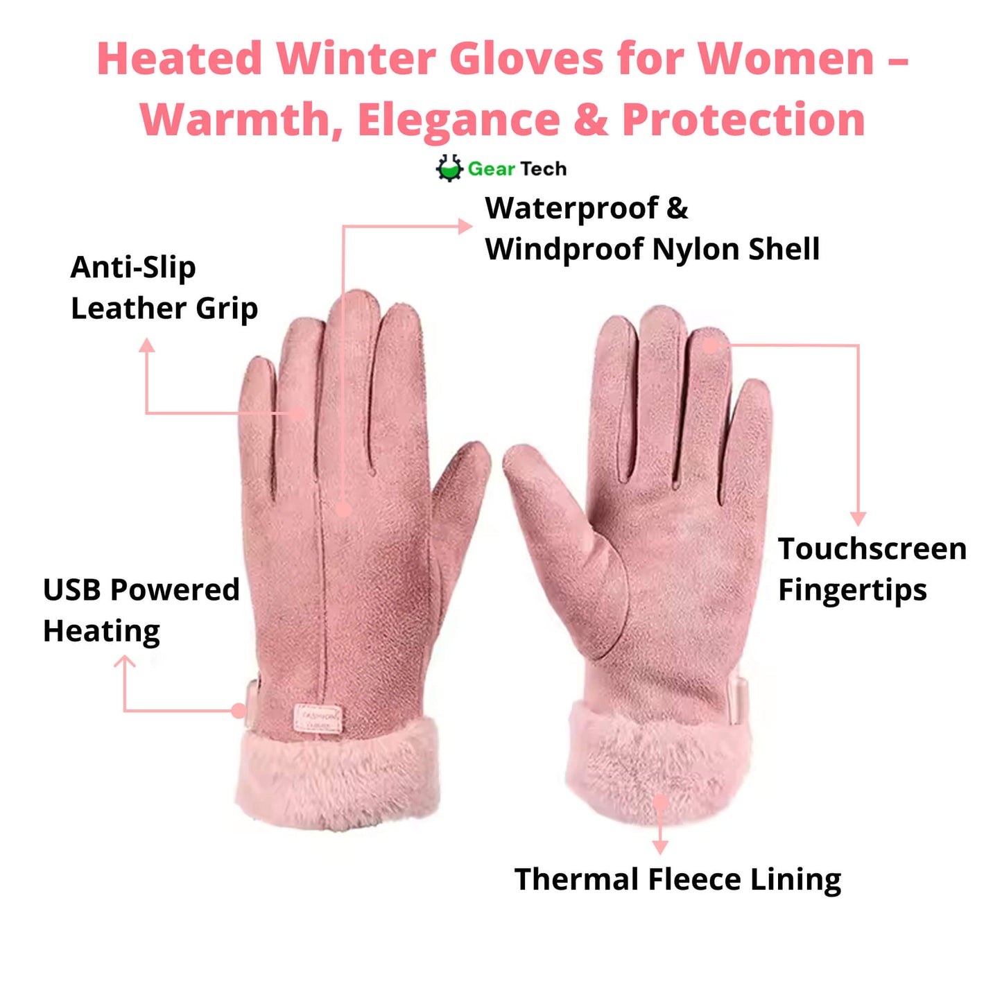 Heated Gloves for Women – Ladies Thermal Waterproof Winter Gloves with Touch Screen & USB Rechargeable Warm Design