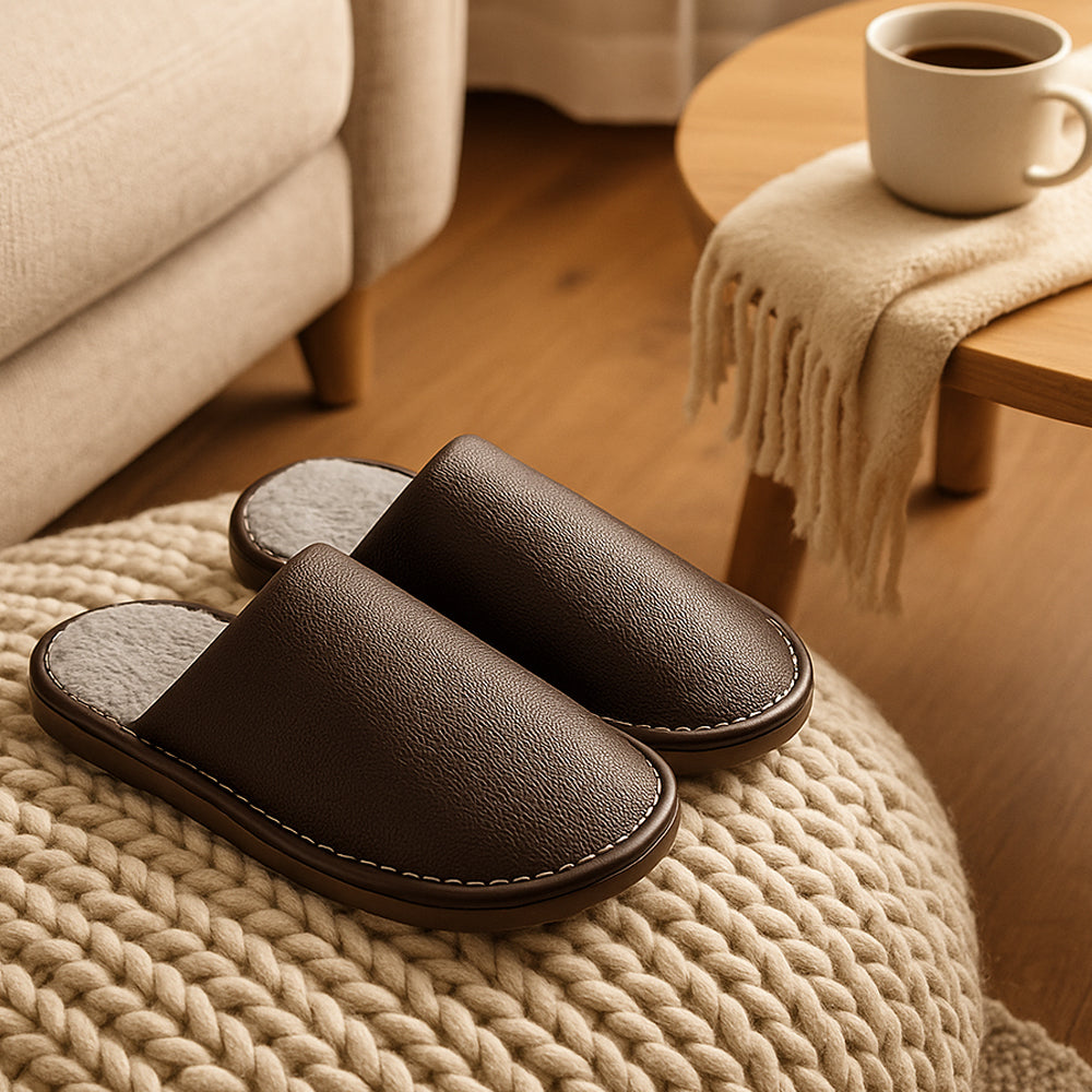 Home Slippers in PU Leather – Stylish, Durable & Comfortable (Brown & Gray)