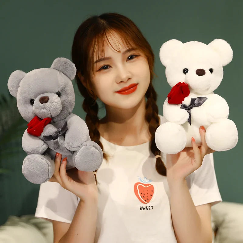 Kawaii Plush Bear with Rose – Cute Gift for Valentine's Day, Soft Plush Bear, Ideal for Decoration