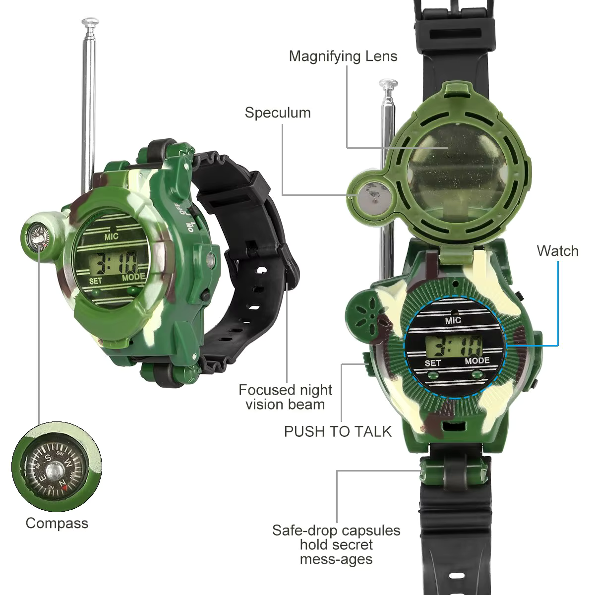 Kids Camouflage 7-in-1 Walkie Talkie Survival Watch