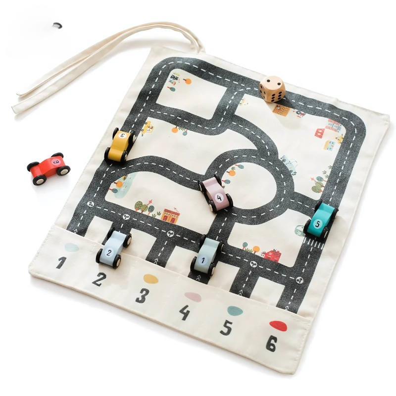 Kids Portable Road Race Track Play Set with Wooden Cars