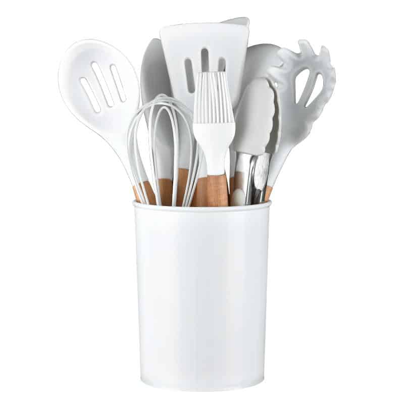 Kitchen Set with 11 Pieces in Wood/Silicone Including Holder (Black or White)