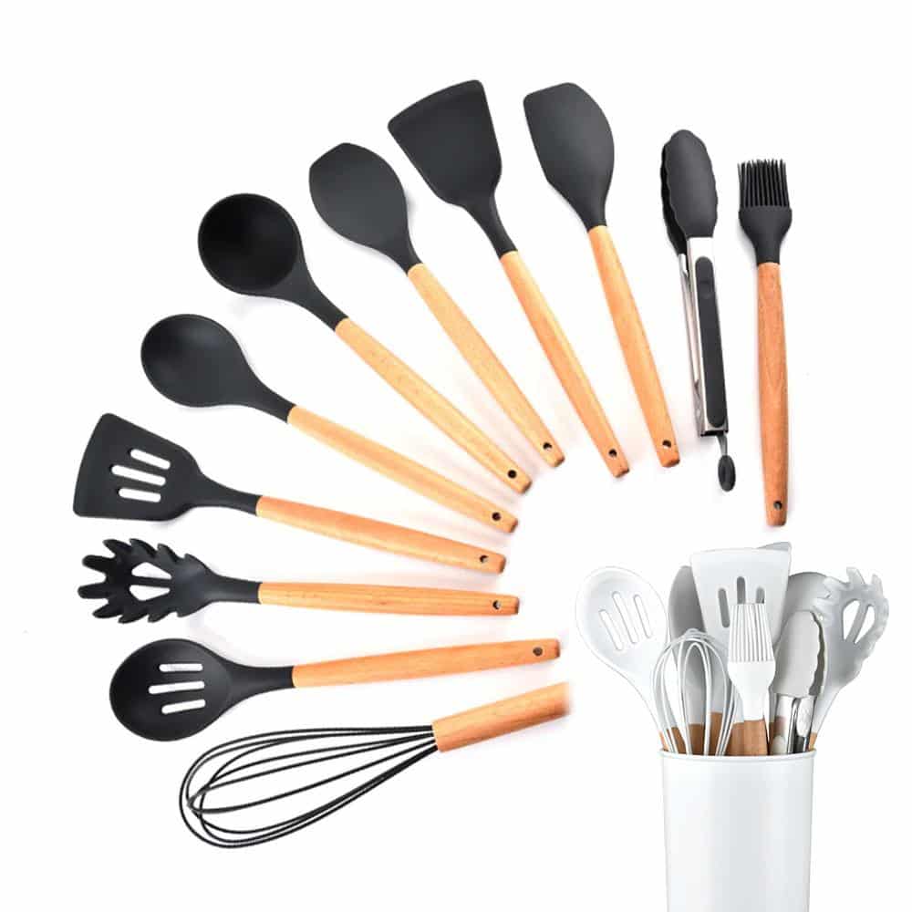 Kitchen Set with 11 Pieces in Wood/Silicone Including Holder (Black or White)
